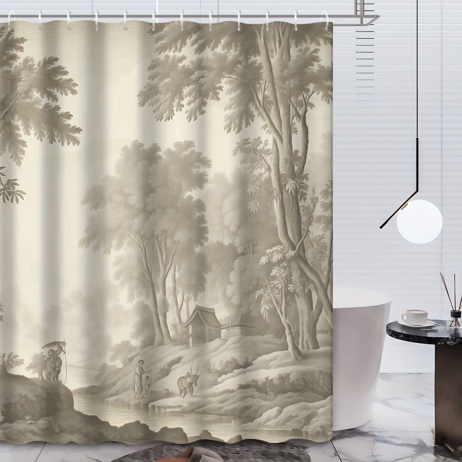 

1pc Vintage Forest Pattern Shower Curtain, Water-repellent Shower Curtain Includes Hanging Hooks, Mildew Resistant Bath Divider, Decorative Bathroom Partition Accessories