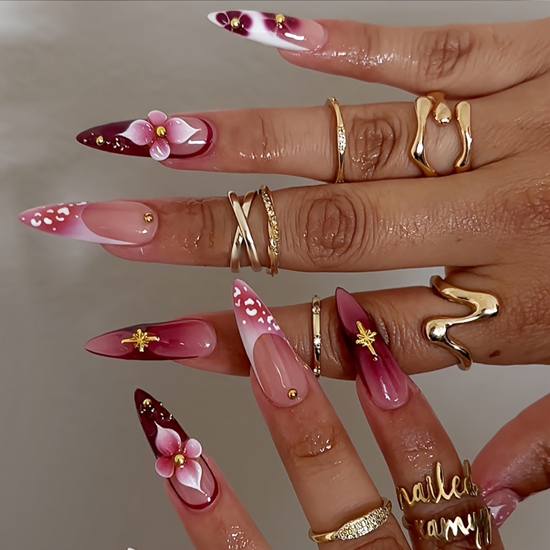 TEMU 24pcs Y2k Flowers Press-on Nails Long Stiletto/almond Acrylic Nails Full Cover Fingertip Pink Gradient Design With 3d And Details Sweet Burgundy