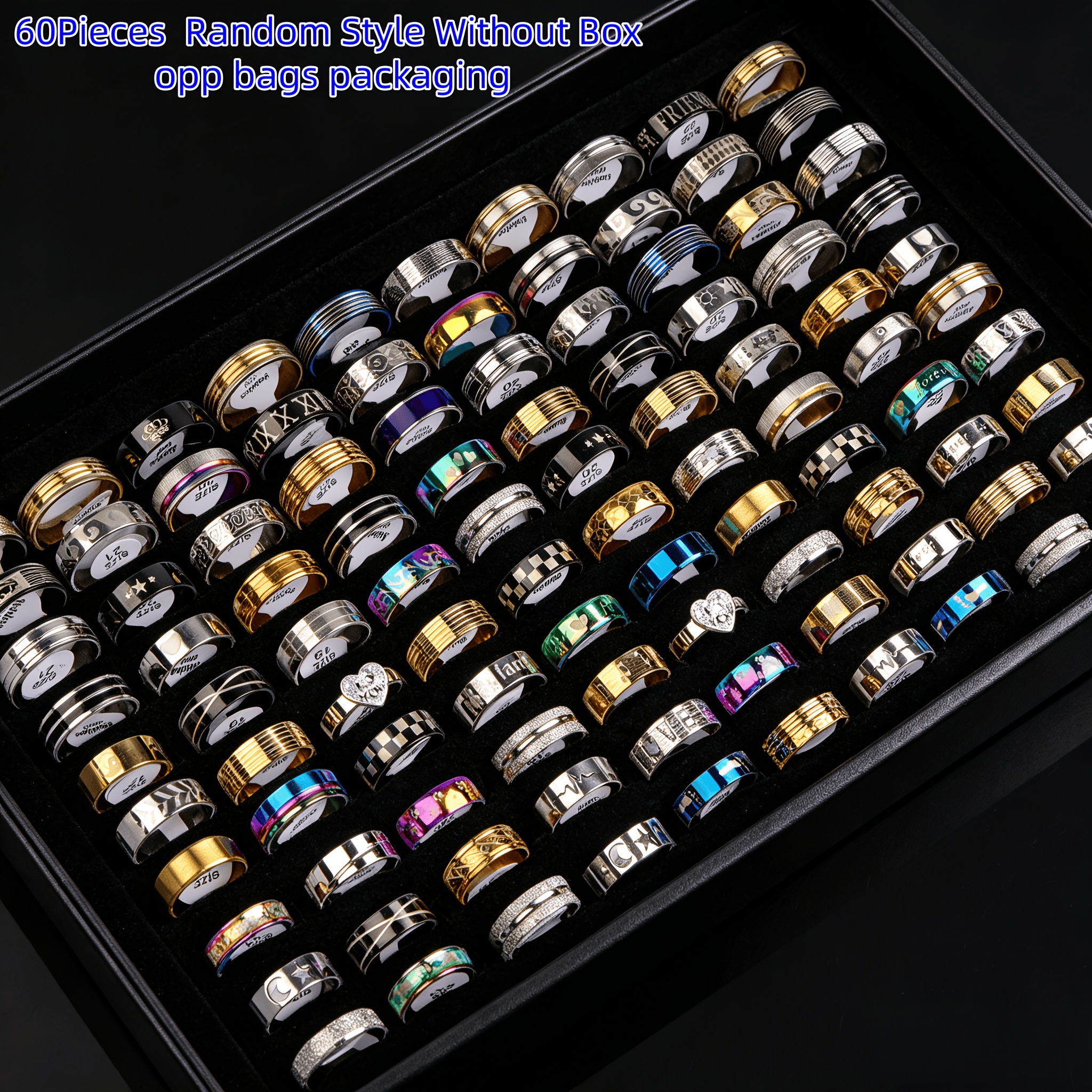 TEMU 60pcs Fashionable And Minimalist Vintage Printed Geometric Stainless Steel Rings, Elegant Unisex For Daily Wear, Parties, And Music Festivals,