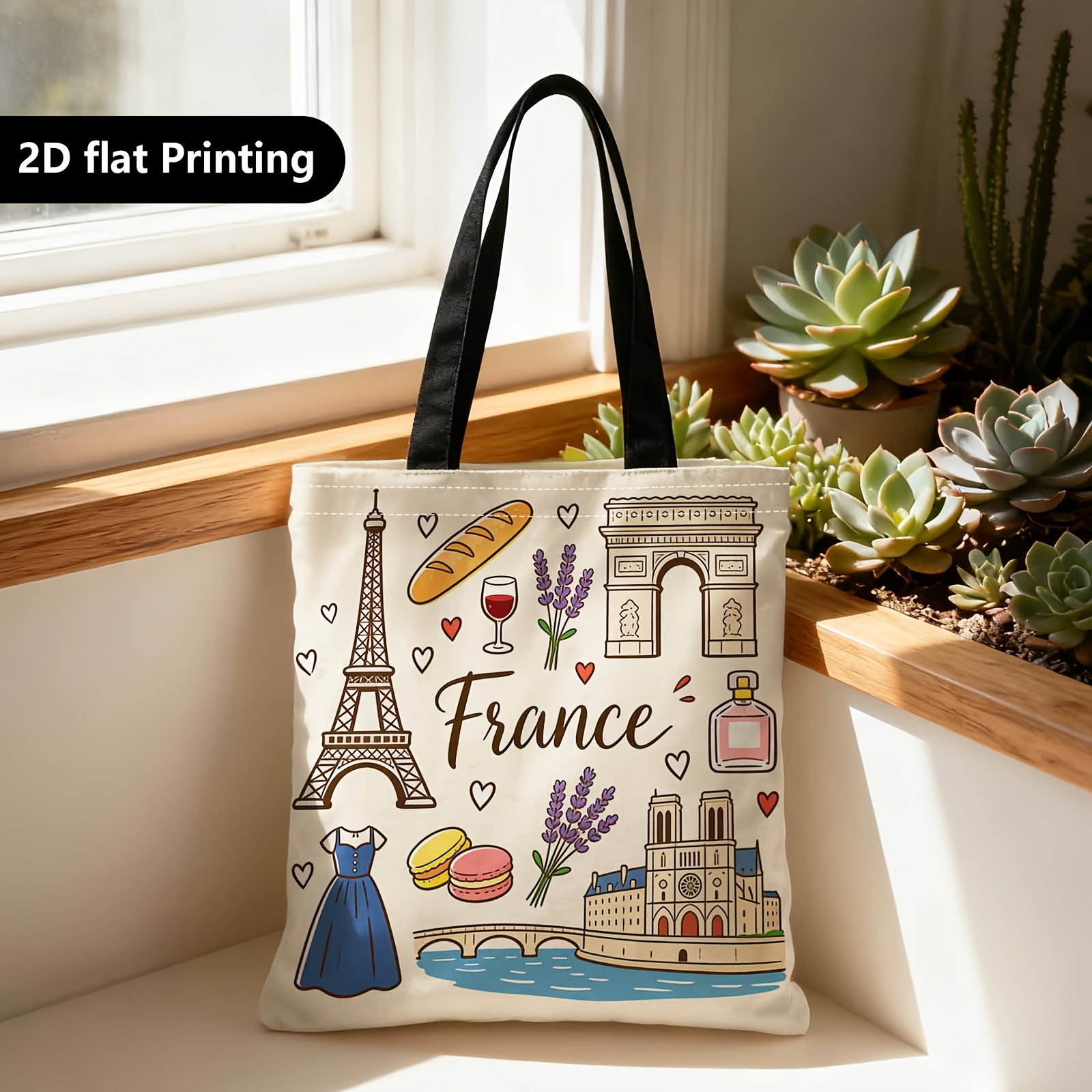 TEMU Shopper Bag,shopping Portable Shoulder Back Hand-held Bag,2d Double-sided Ing,france, Eiffel Tower, Appearance,suitable For Travel, Cosmetics,