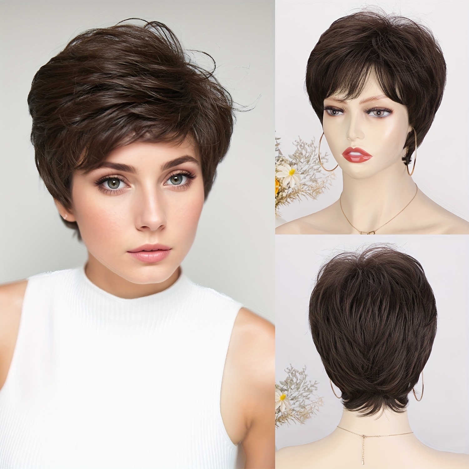 

Short Dark Brown Blend Synthetic Hair Wigs For Women And Lady -pixie Cut Wig With Bangs, Daily Use