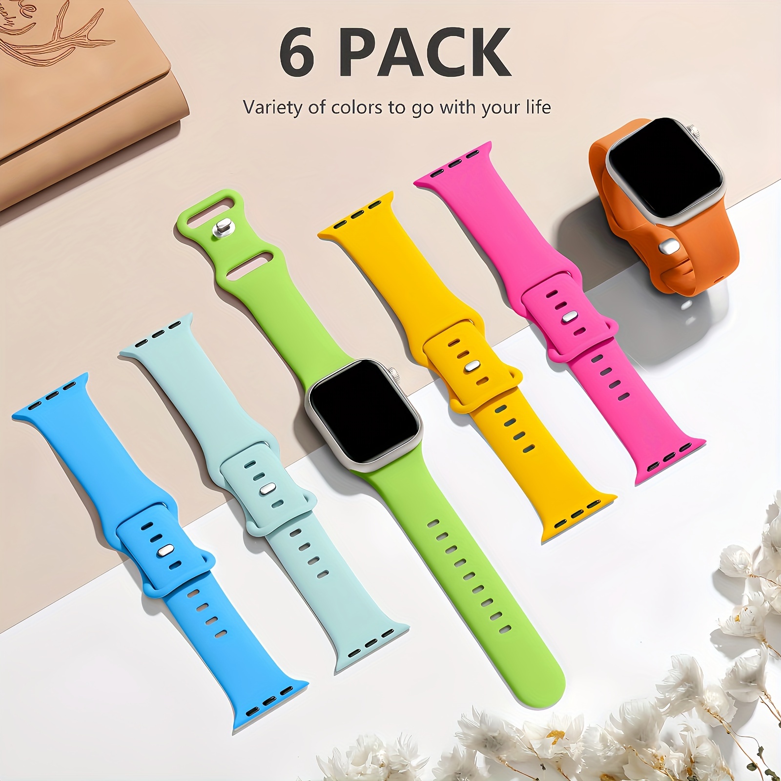 

6-pack Silicone Sport Bands Compatible With Apple Watch, -resistant Replacement Wristbands With Clasp For 8 Se 7 6 5 4 3 2 1 (38mm-49mm) - Assorted Colors