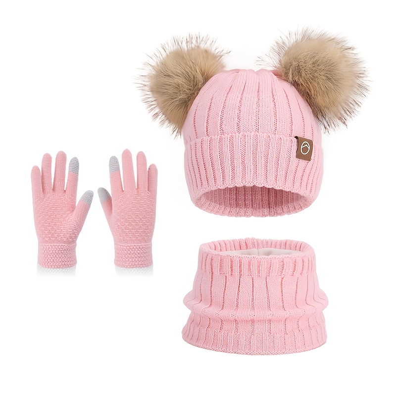 TEMU Christmas Girls' - Flat Brim Hat With Double Balls - Solid Color Ear Protector For Children - , Neck Protection, Cute Design - Suitable For 4