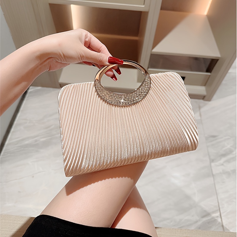 

Elegant Apricot Pleated Evening Clutch With Rhinestone Detail - Magnetic Closure, Polyester Lined, Fashionable Women's Handbag For Weddings & Parties