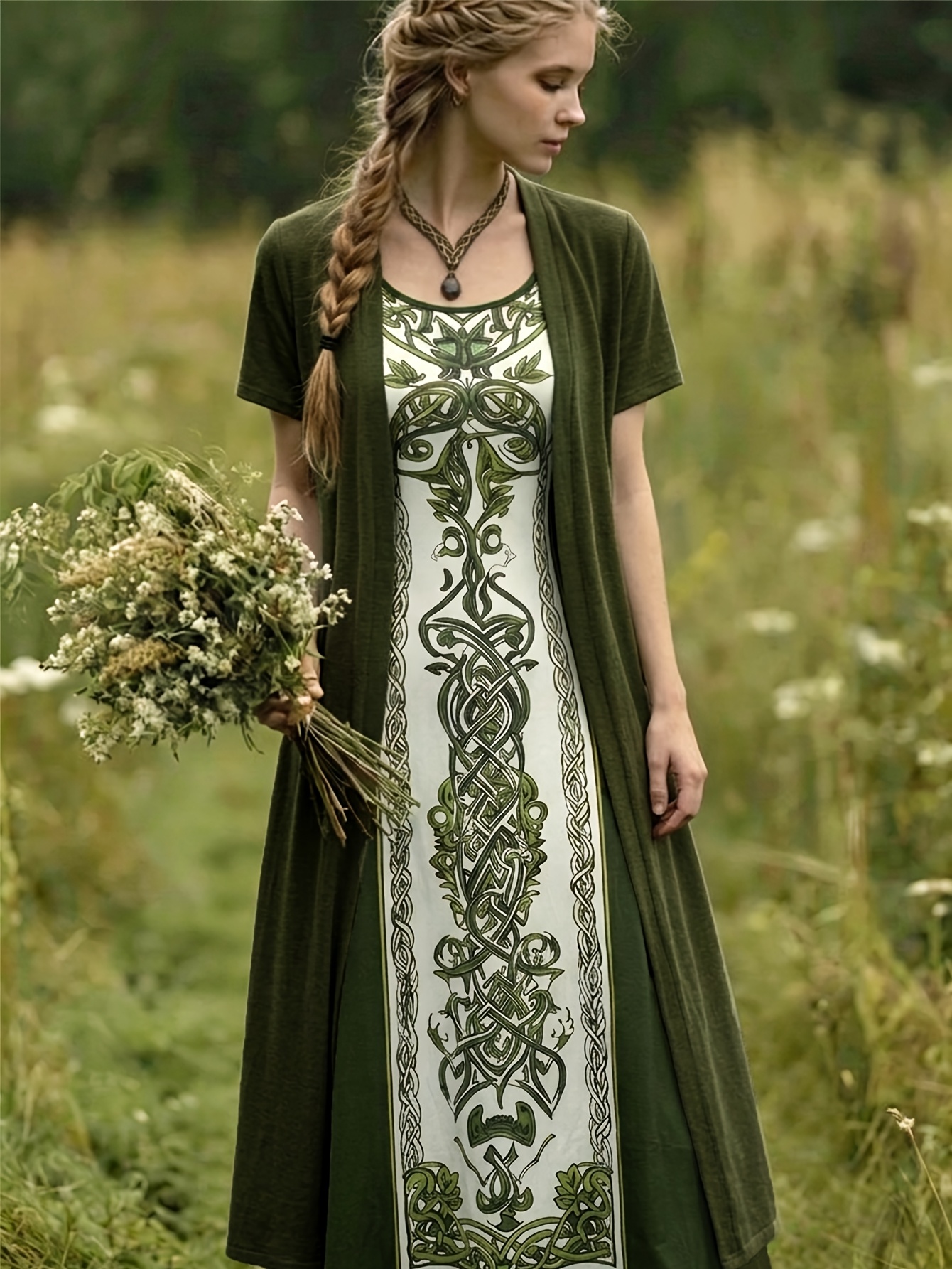 item picture a fashionable bohemian style retro celtic knot pattern printed dress and a long cardigan elegant 2pcs set for women