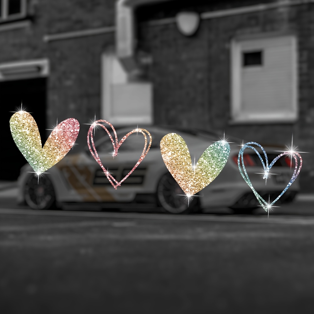 Image of 4pcs Sparkling Heart Car Stickers - Glittery Multicolor Decals For Cars, Trucks, Motorcycles, Laptops - Removable Adhesive-free Pet Material, Personalizing Vehicles And Devices, Car Decal Stickers