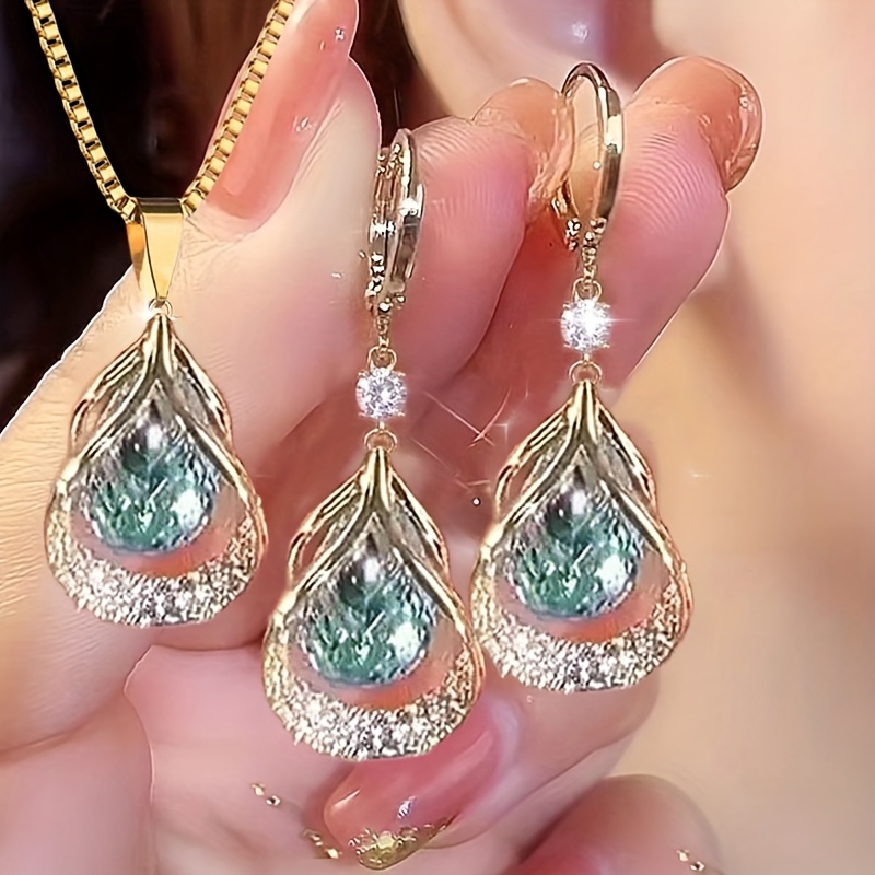 TEMU 3pcs Elegant Fashion New Geometric Earring Necklace Set Teardrop Earrings Necklace Set Fashion Versatile Exquisite Commemorative Gift Earrings