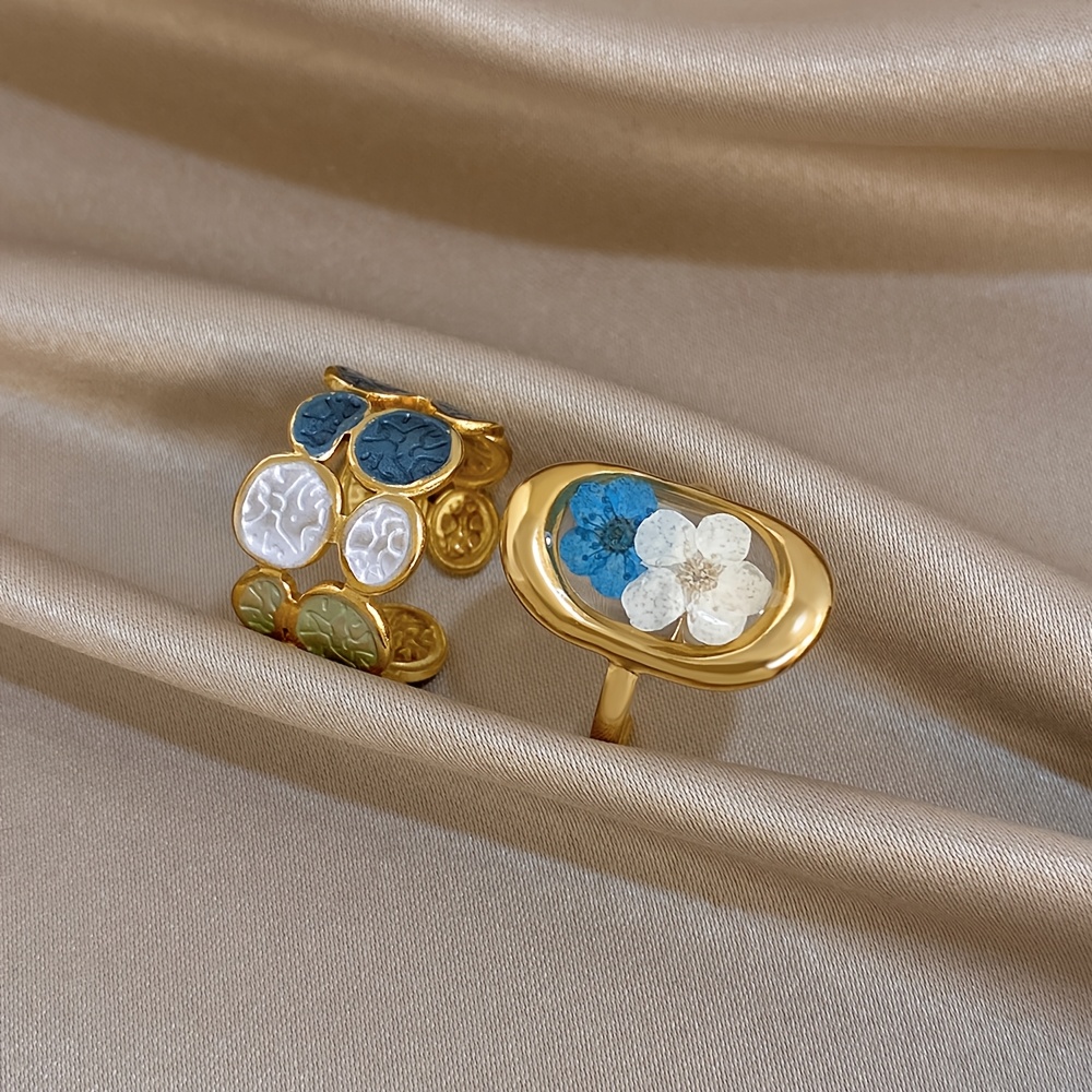 TEMU 2pcs Unisex Vintage Stackable Ring Set, 18k Gold Plated 304 304 Stainless Steel Adjustable Open Rings, Enamel Wide Band Statement Ring And Real