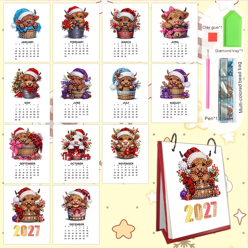 TEMU 1pc 2027 Cute Christmas Highland Cow Diamond Painting Holiday Series Pattern Calendar, Mini Desktop Calendar, School Desk Calendar, Office Desk