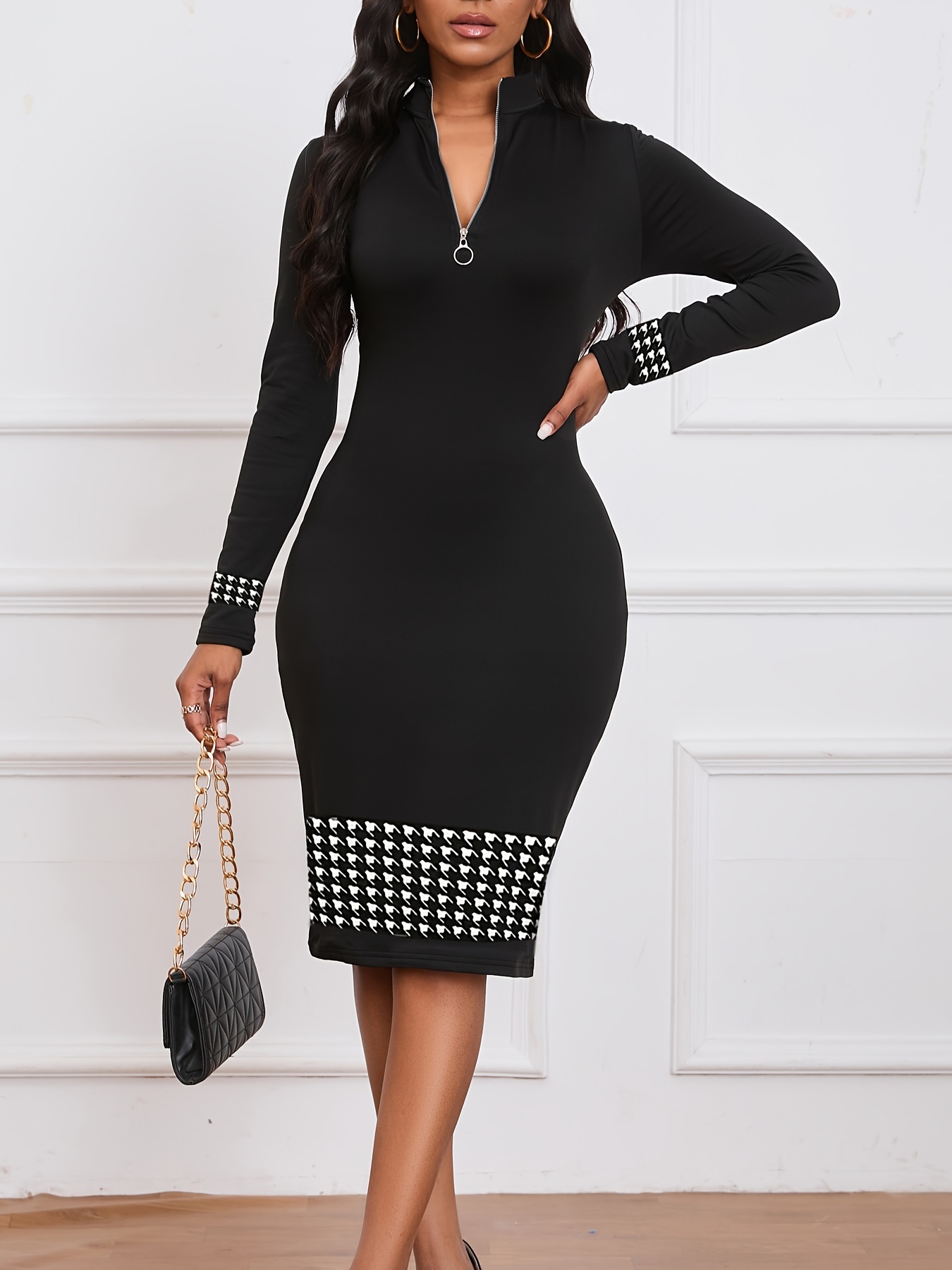 zip up striped print dress casual long sleeve bodycon midi dress womens clothing details 3