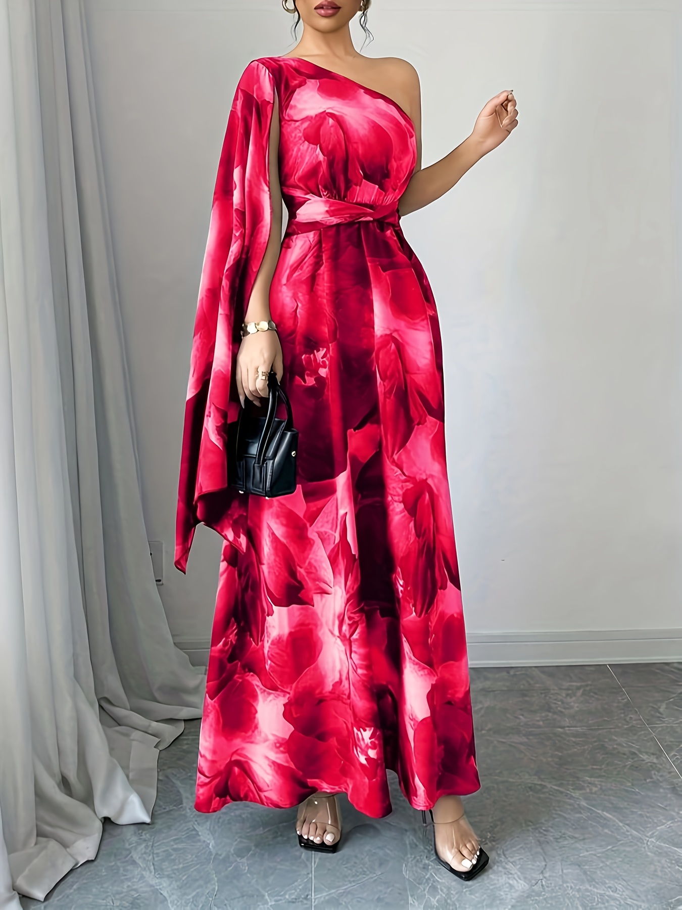 strapless open back dress Women Pink Floral Printed One-Shoulder Neck Sleeveless Chiffon Flared Maxi  Dress