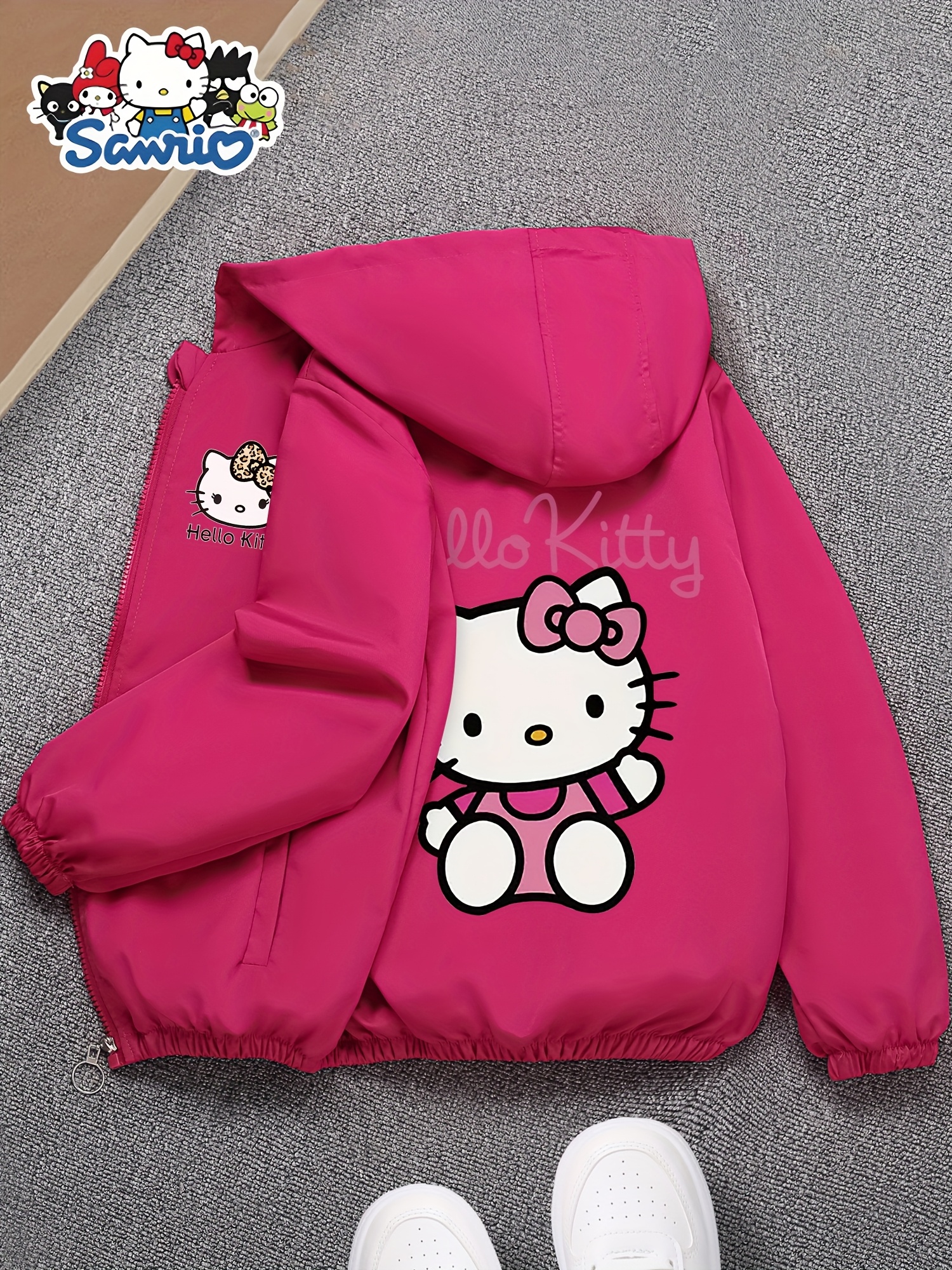   cute girls zipper jacket cartoon   print girls casual sport windbreaker autumn outdoor windproof jacket suitable for kids over old double pockets hooded design machine washable