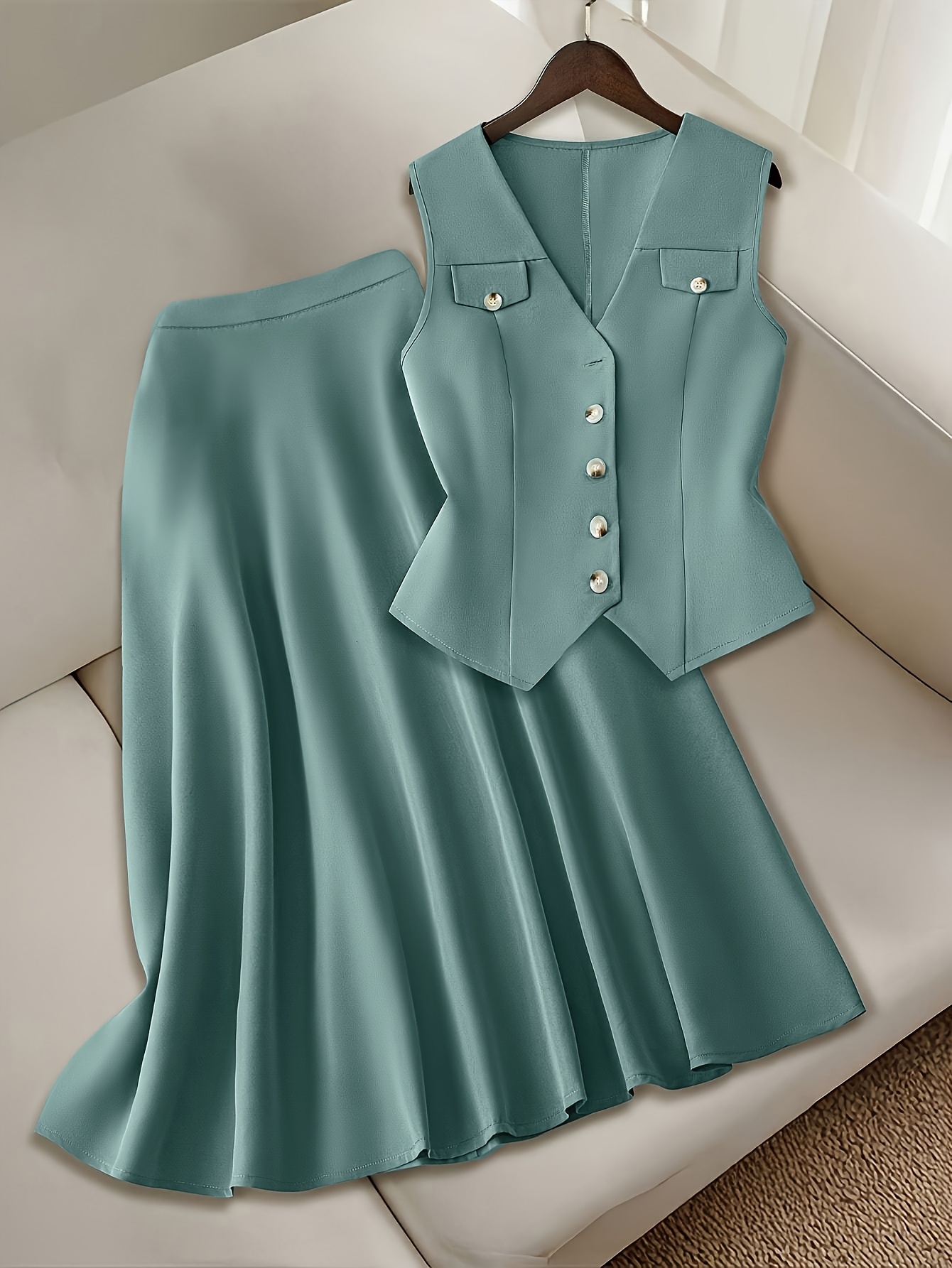 Model wearing Newness Effortless Chic Vest Skirt Set a stylish two piece outfit perfect for both casual and formal occasions The set features a fitted vest and a flowy skirt