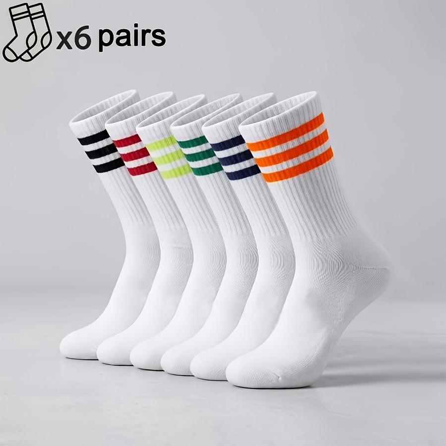 Image of 6 Pairs Unisex Multicolor Striped Mid-calf Socks, Street , Suitable For Young Men And Women's Athletic Outfits And Daily Gifting, Spring Summer Style