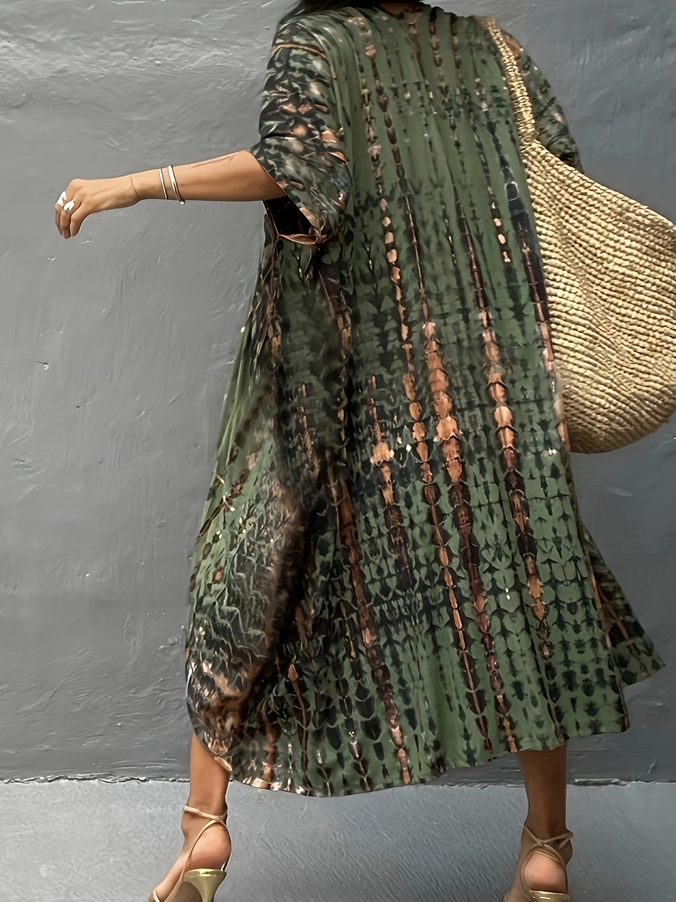 Moteriškas kardiganas-kimono stiliaus paplūdimio palaidinė | Human, V formos iškirptė, atsitiktinis raštas, šiek tiek tamprus, vasaros paplūdimio atostogų apsauginis nuo saulės skaros