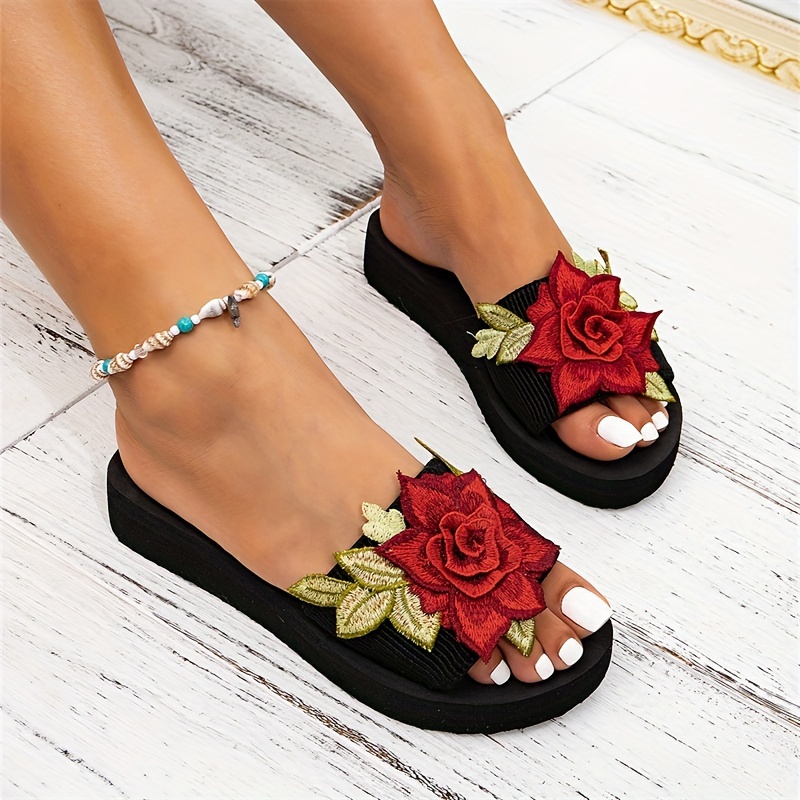 

Women's Flower Embroidered Slide Sandals, Fashion Open Toe Summer Flat Shoes, Lightweight Beach Travel Shoes