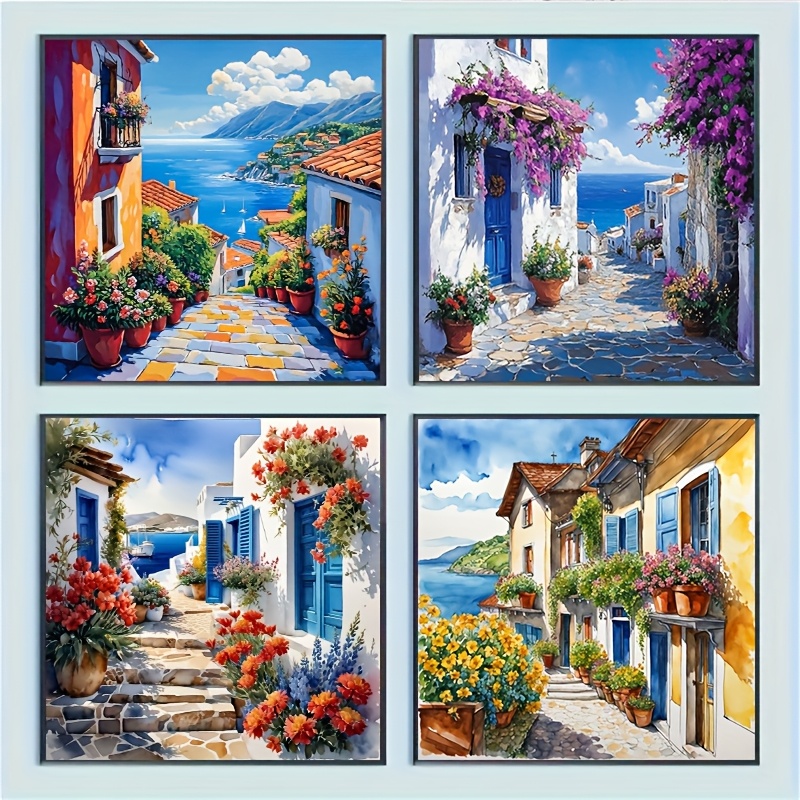 Image of 4-pack Beautiful Island Style Diamond Painting Set - 20x20cm Full Diamond Round Acrylic Diamonds, Scenery Design - Craft, Ideal For Hangings And Art