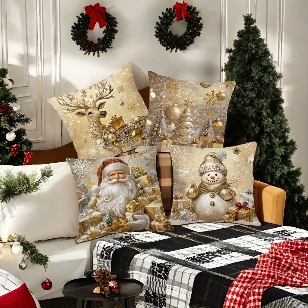 4 piezas,   de almohada navideña, Papá Noel dorado,  ,  ,   de Navidad,   y práctica 17.7 pulgadas * 17.7 pulgadas, adecuada para decoración de sofás en casa y  , sofá de  ,   de almohada con cremallera para dormitorio (sin relleno de almohada) detalles 1