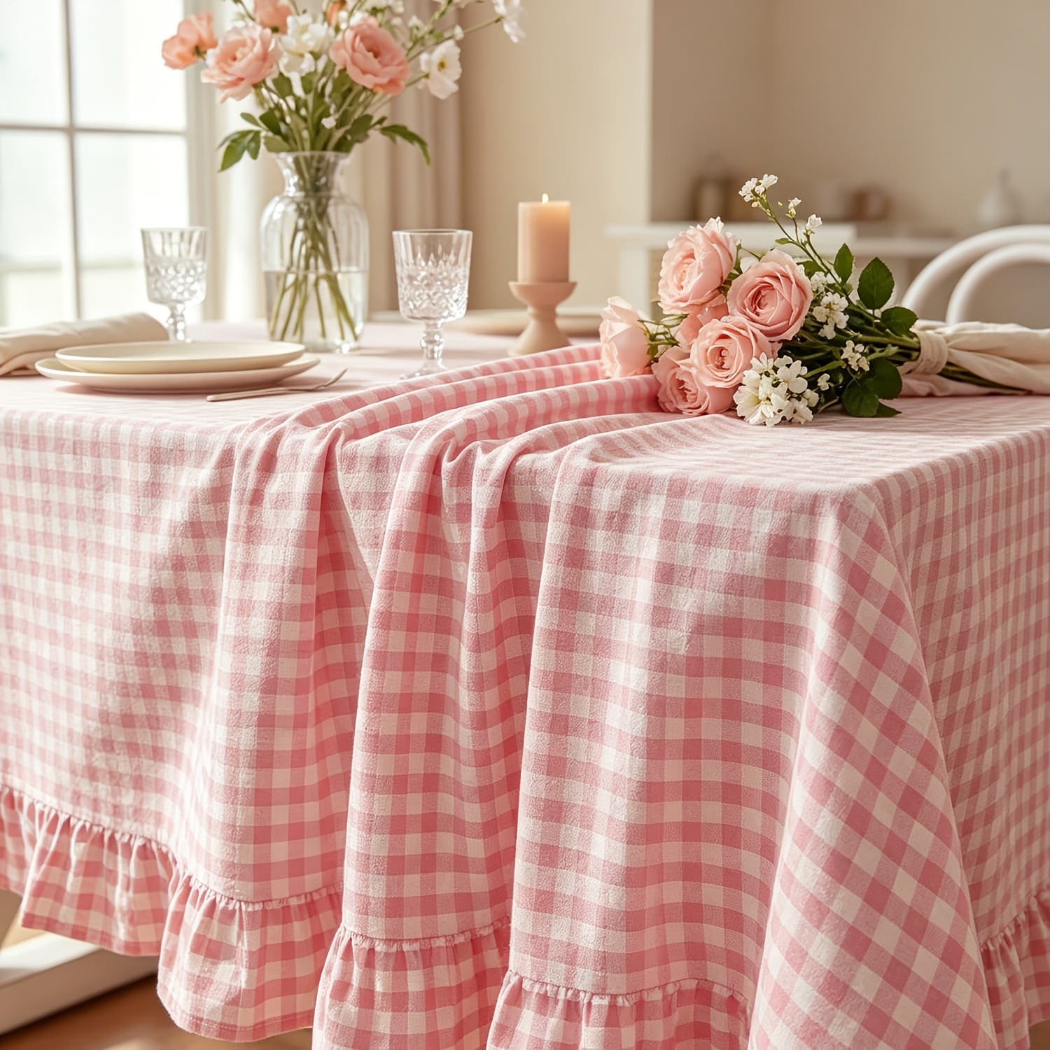 TEMU 1pc French Cottagecore Pink Checkered Ruffle Table Runner, Washable Soft Romantic Tablecloth For Room, Wedding, Party, Cafe, Farmhouse, Kitchen