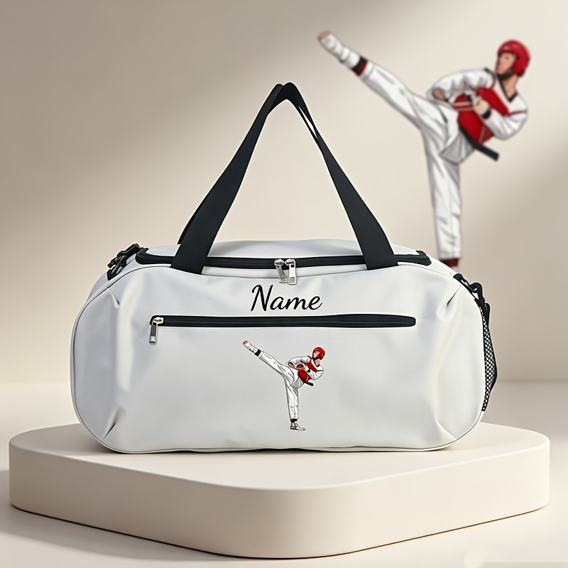 taekwondo themed name text crossbody bag gym bag suitable for     large capacity nylon with taekwondo print adjustable strap zipper closure martial arts training gear