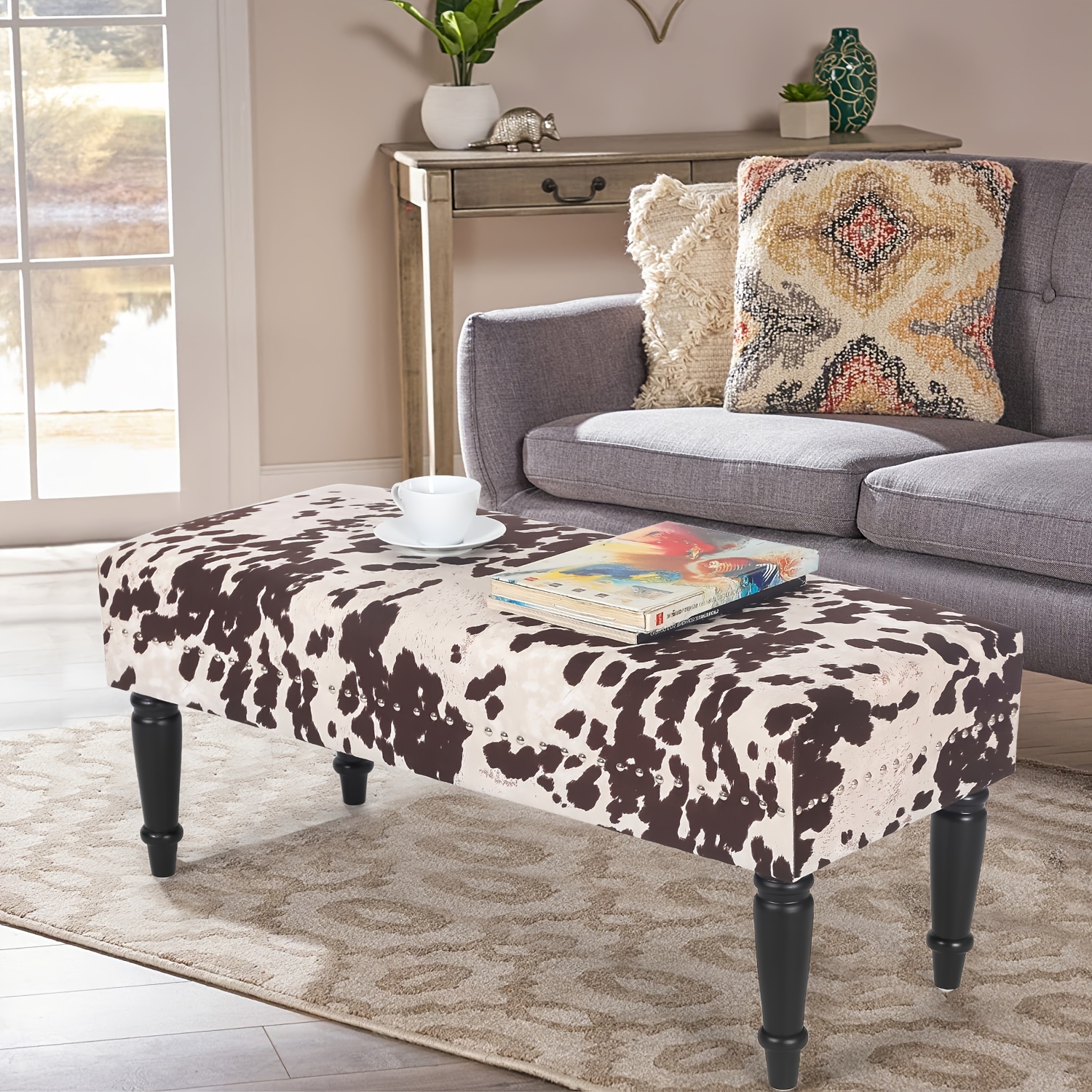 39" Mid-Century Modern Upholstered Bench - Cow Print & Rivet Detail