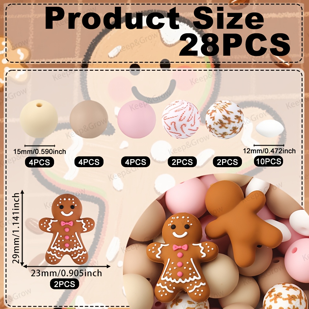 TEMU 28pcs Christmas 3d Gingerbread Silicone Beads Set Pens Beaded Decorative Outfit Accessories Cute Christmas Theme Beads For Jewelry Making