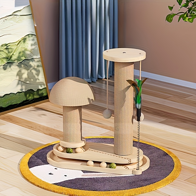 

Griffoir Interactif pour Chat en de & Plateau Tournant - Cadre d'Escalade en Bois Enveloppé de Sisal avec Jouets Suspendus (Couleur Aléatoire) - Déchets pour Jeu en Intérieur, Jouets pour Chats