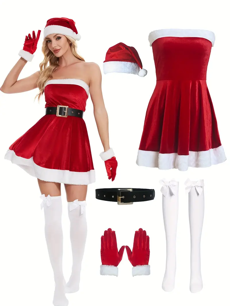 5pcs Women's Red & White Christmas Dress Set with Belt & Hat & Socks and Gloves, A-Line Mini Dress, Santa Outfit for Holiday Parties, Costumes, Suitable for *. 5pcs Women's Red & White Christmas Dress Set with Belt & Hat & Socks and Gloves, A-Line Mini Dress, Santa Outfit for Holiday Parties, Costumes, Suitable for *.