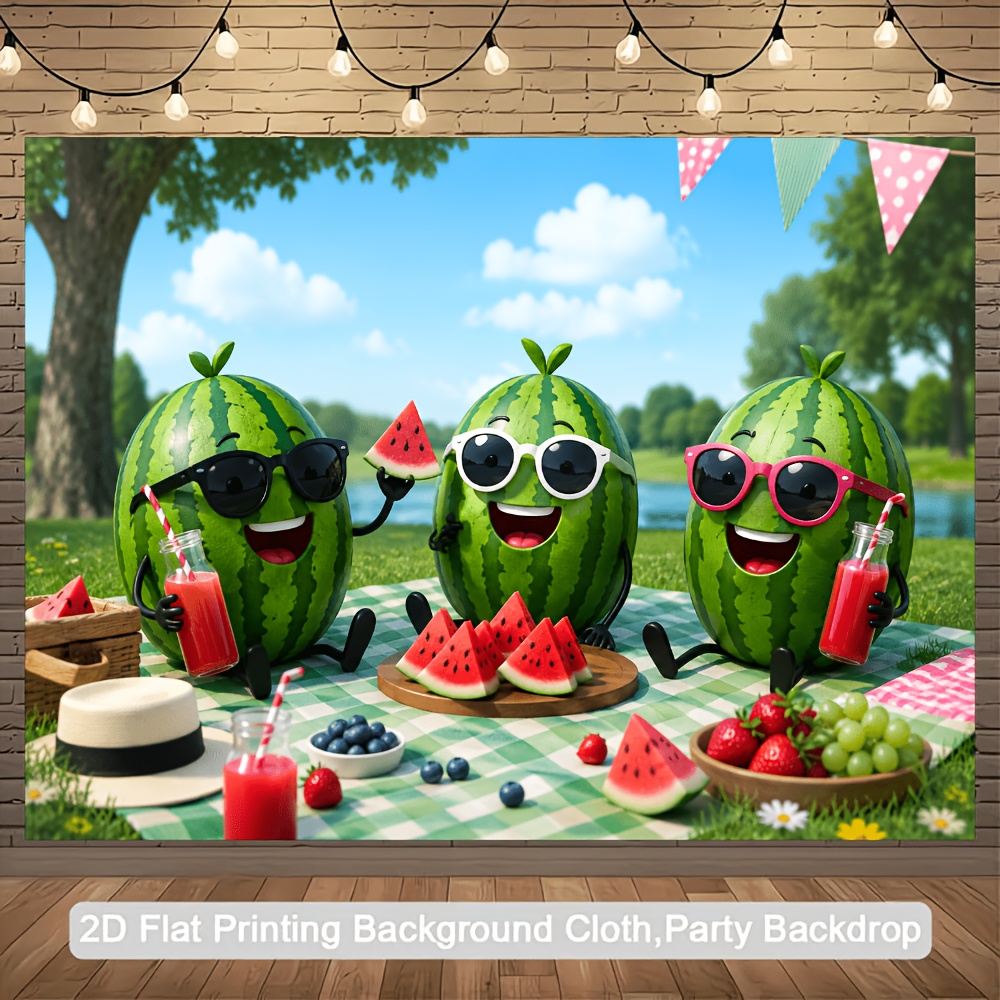 TEMU 2d Flat Banner, 2d Flat - 1pc 2d Banner Summer Picnic Cartoon Watermelon Theme Banner Background, Watermelon Outdoor Picnic Elements, With Fresh