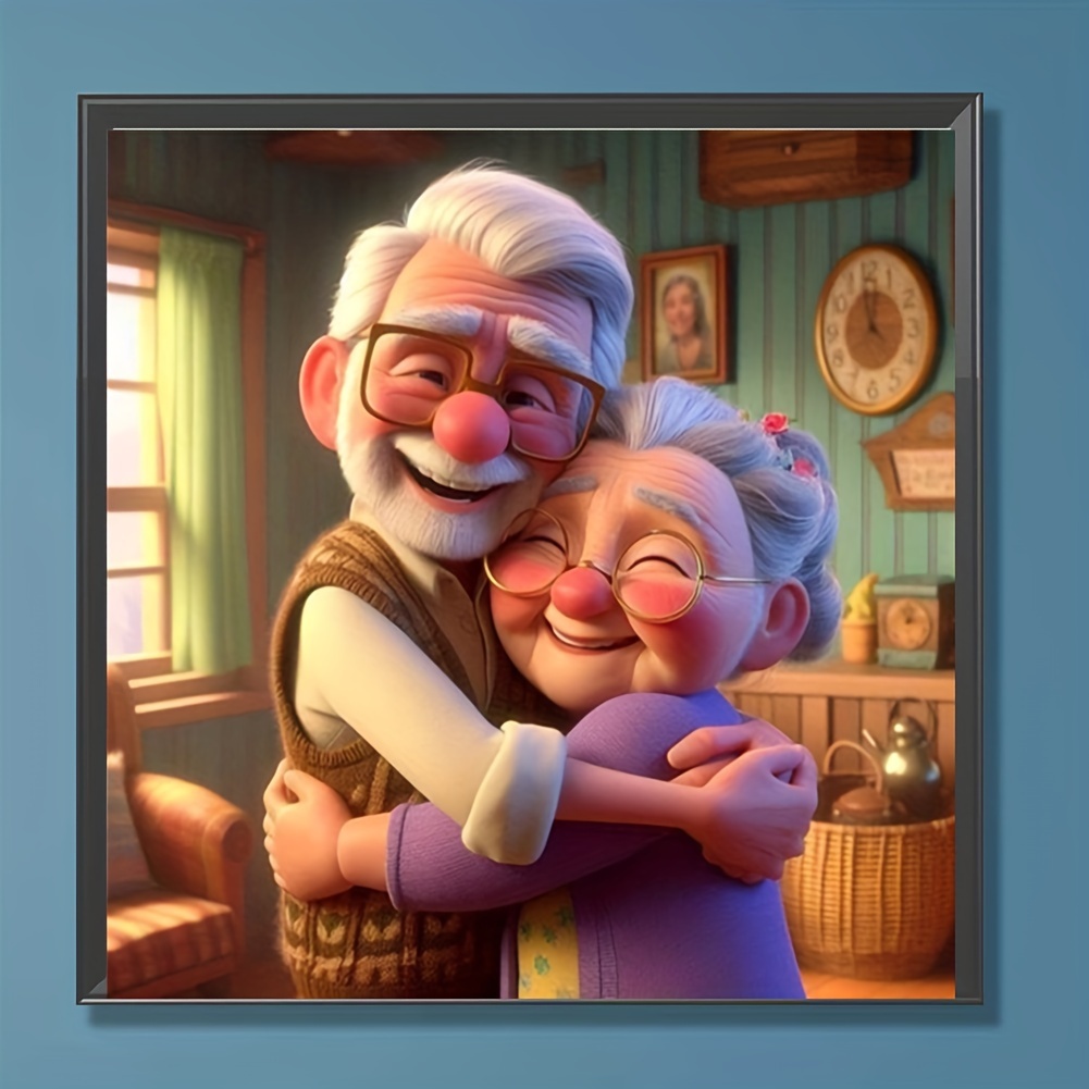 1 Diy 5d Diamond Painting Kit - Elderly Couple Embrace, Square Diamonds On Canvas, 11.8x11.8 Inches - Frameless Wall Art Decor & Craft Gift