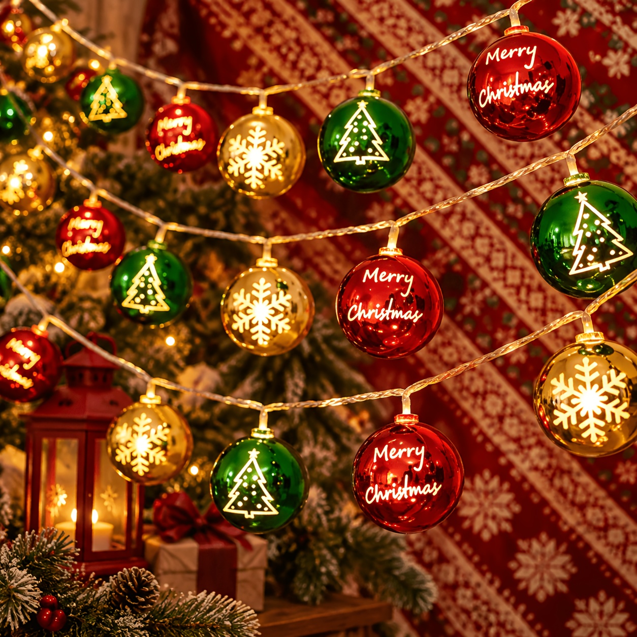 TEMU 20 Lights Christmas String Lights, 94.49in Red Green Golden Christmas Ball Ornament Lights With Merry Christmas, Tree & , Christmas Decorations