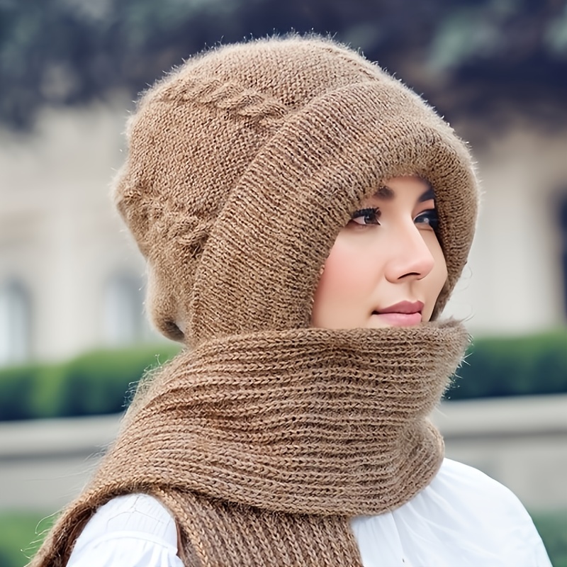 

Women's 2-in-1 Winter Beanie & Scarf - Cozy Knit Hat With Ear Flaps, Solid Color Textured Design, For New Year