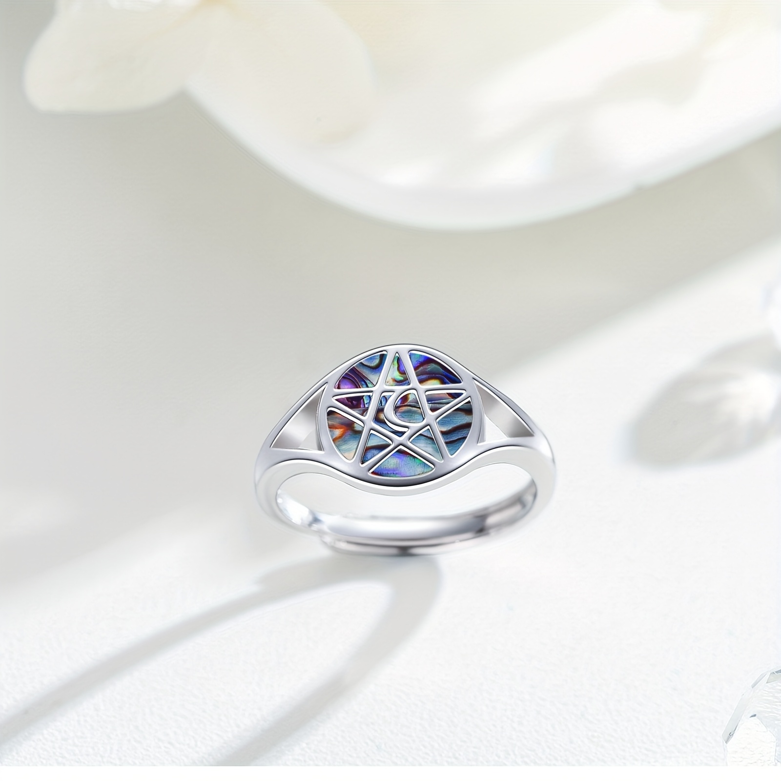 Pentagram Ring 925 Silver Moon Abalone Wiccan Jewelry Gift