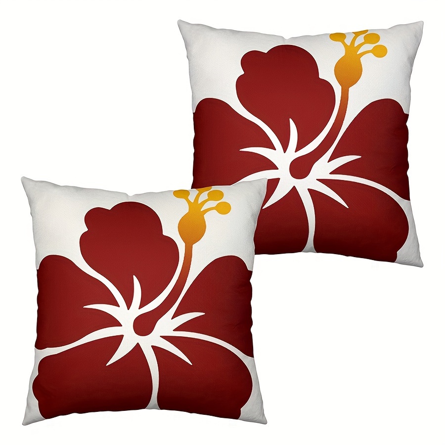 

2-pack Linen Hibiscus Flower Throw Pillow Covers, Contemporary Hawaiian Floral Zippered Cushion Cases, Machine Washable, For Various Room Types, , 16x16 To 20x20 Inches - Red (covers Only)
