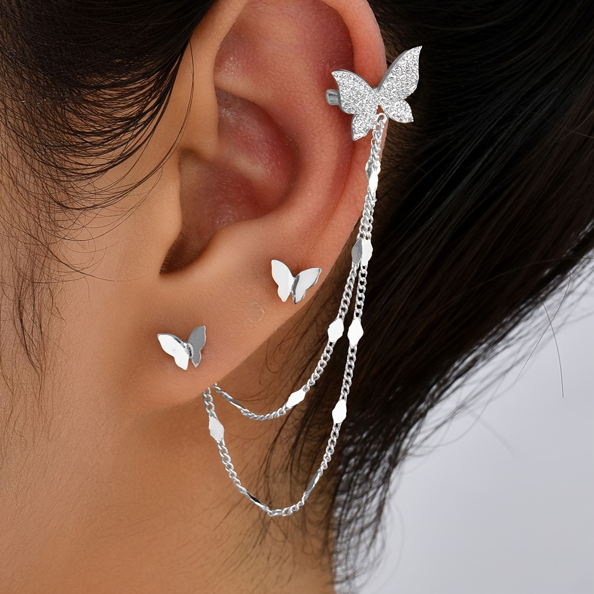 Stylish Butterfly Element Inlaid Zirconium Ear Bone Clip Earring Set, 2pcs