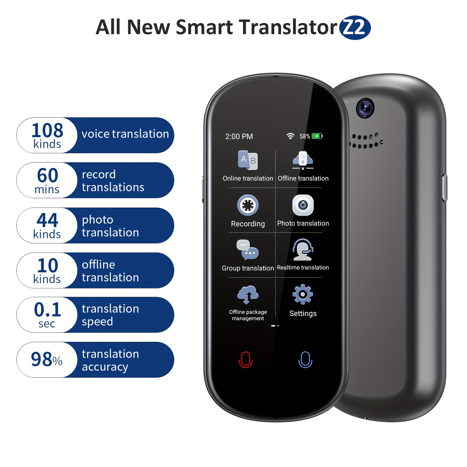 TEMU Appareil de Portable avec Bidirectionnelle en - Traducteur /En Ligne Compatible avec 137 Langues, Écran Tactile HD, Enregistreur Vocal,