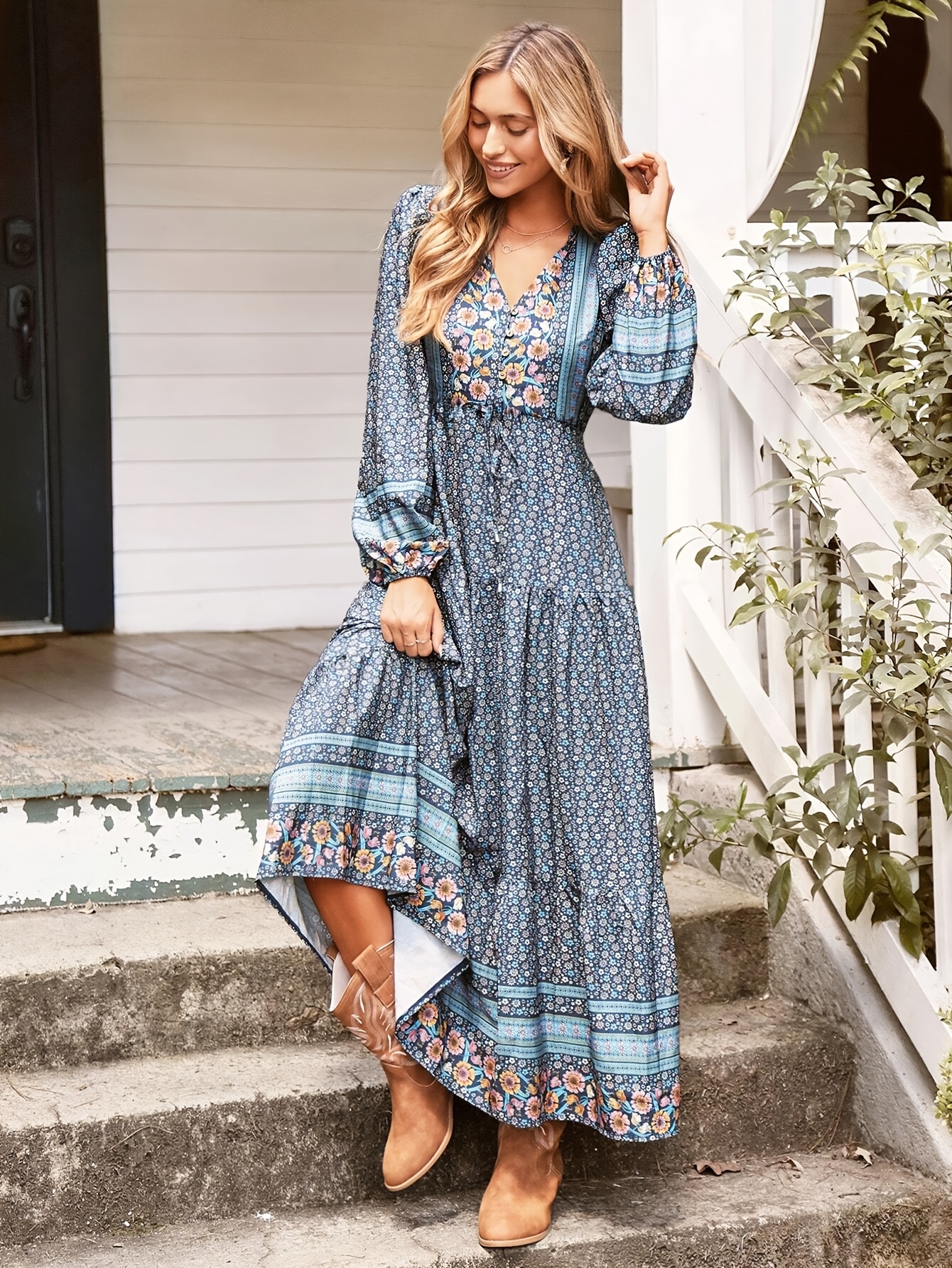 1pc elegant floral print v neck a line dress ruffle hem - Temu Nigeria