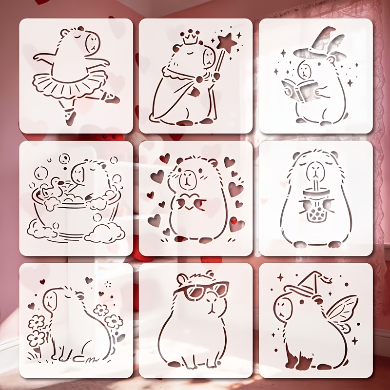 Image of 9pcs Reusable Capybara Stencil Templates With Capybara Shapes & Outlines - Suitable For Painting, Crafts, Wall Art, Furniture Drawing, For &, Use, For , Canvas Decorations