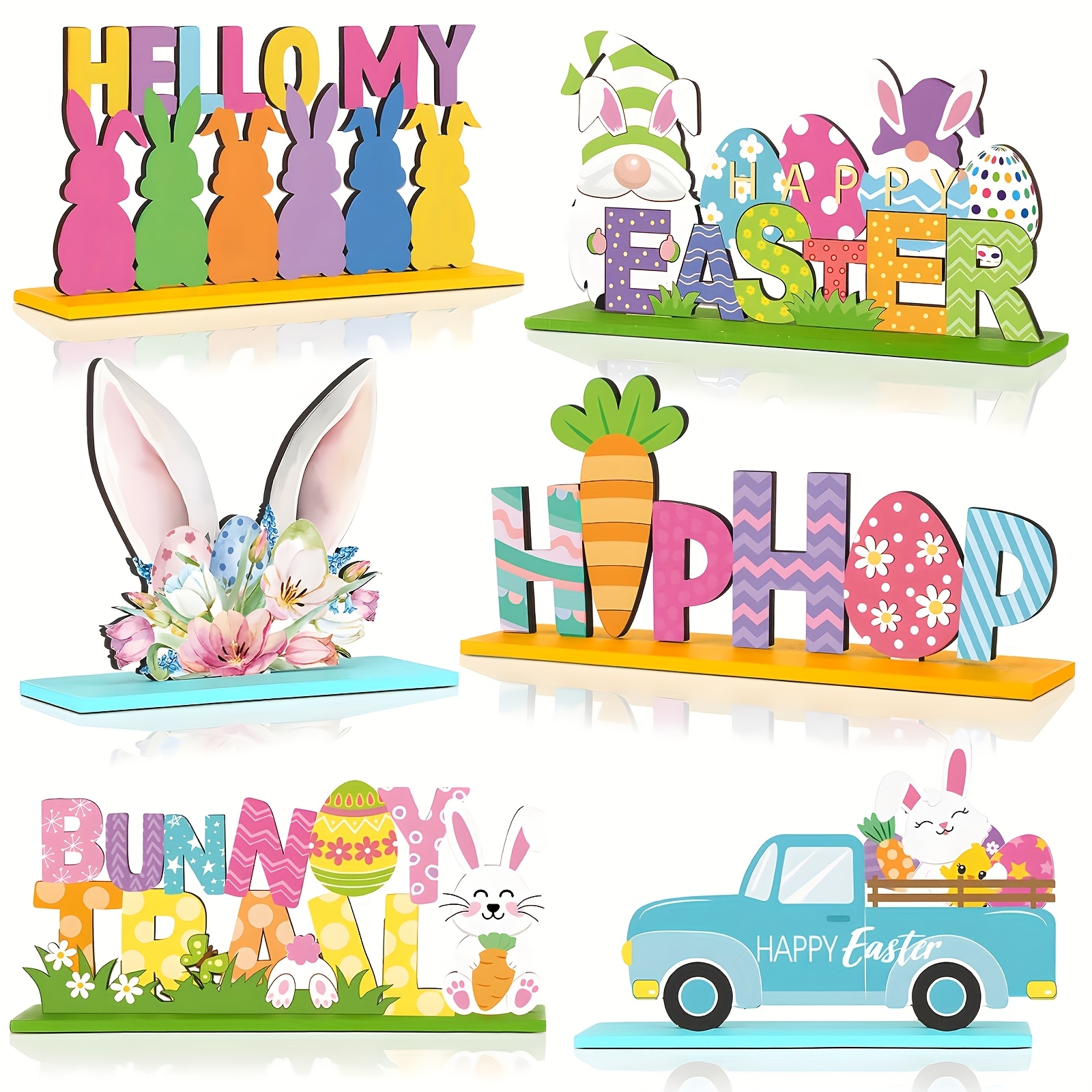 TEMU 6 Easter Bunny Tabletop Ornaments, Easter Table Ornaments, Easter Layered Tray Ornaments Set, Egg Truck Wood Sign, Easter Gnome Center Ornaments