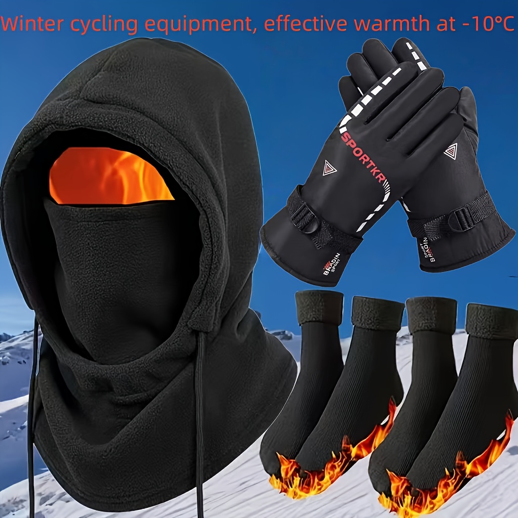 Image of 3/4pcs Of Autumn And Winter Warm And Cold Protection Set, Integrated Windproof Balaclava Hat, Thickened And Fleece-lined Gloves, Fleece-lined Snow Socks