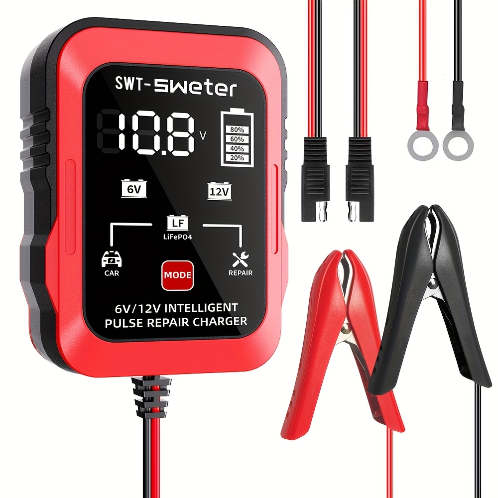 TEMU Smart 6/12v Car Battery Charger, Trickle Charger & Maintainer Without Battery - 1.5a Repair, Lcd Display, Temperature For Agm, Gel, Sla, Wet & Lifepo4 Batteries, 4-100ah Range