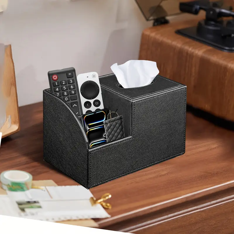 PU Leather Tissue Box Cover With Storage – Square Organizer For Tissues & Remotes, Fits Office, Bedroom, Desk