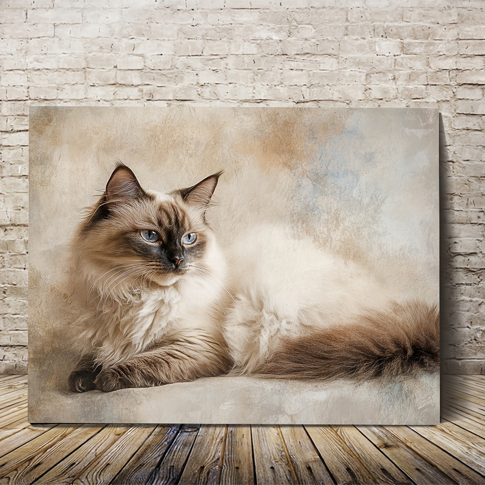 TEMU 1pc Vintage-style Ragdoll Cat Canvas Wall Art, 11.8x15.7inch, Realistic Texture, Wooden Framed & Ready To Hang - Warm Decor For Bedroom & Living