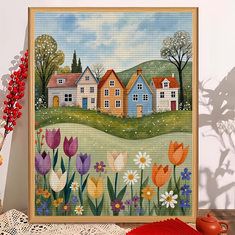 TEMU 1 kit de point de croix "Maison colorée et fleurs" | cadre, idéal pour les débutants, une toile imprimée, des aiguilles, un motif et des