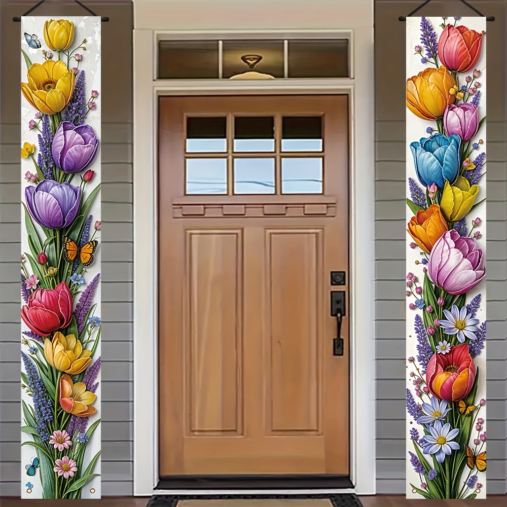 

1 Pair Of Vibrant Spring & Lavender Floral Porch Banners - Polyester, Indoor/outdoor Decor With Butterflies, Home Entrance & Celebration Decorations, Garden Decorations