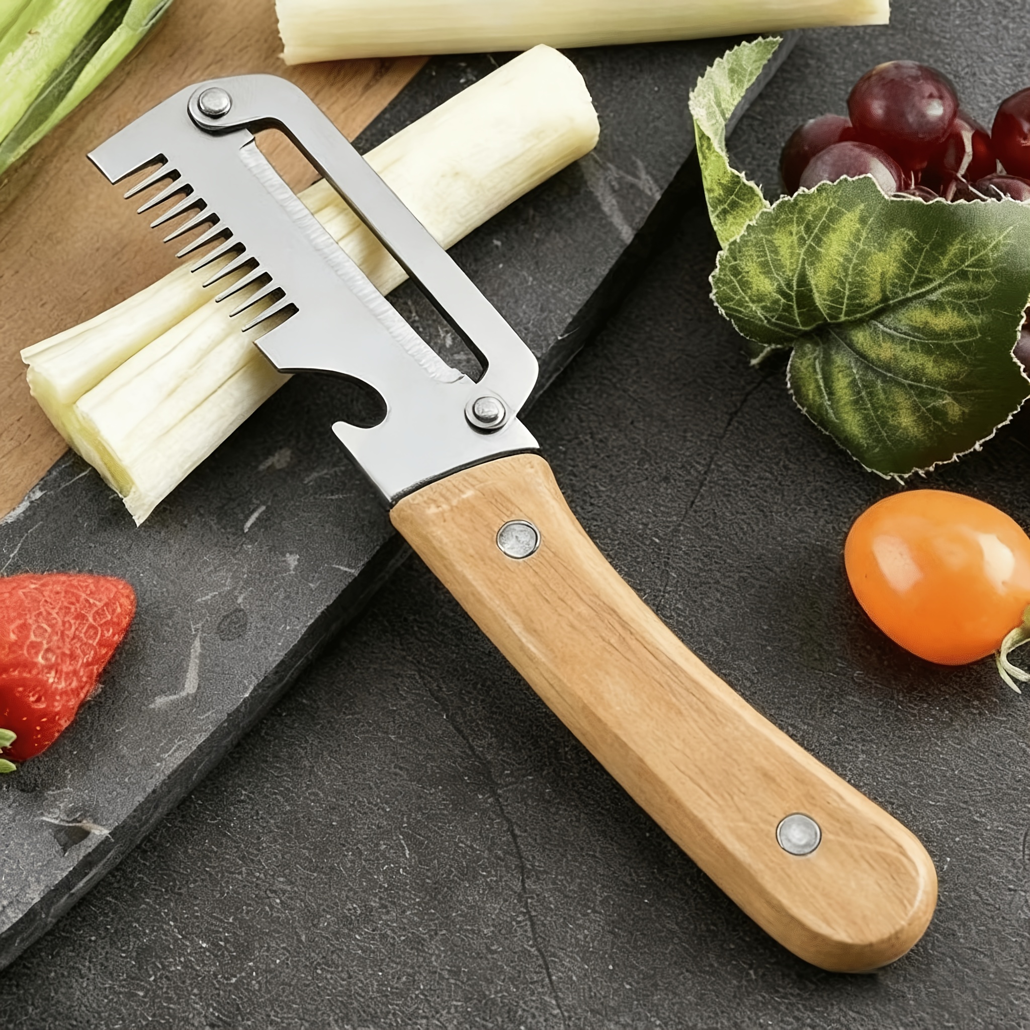 3 in 1 wooden handle scallion slicer manual   cutting tool multifunctional fruit and vegetable peeler with bottle opener suitable for   vegetables and fruits practical small tool for preparing   family restaurants