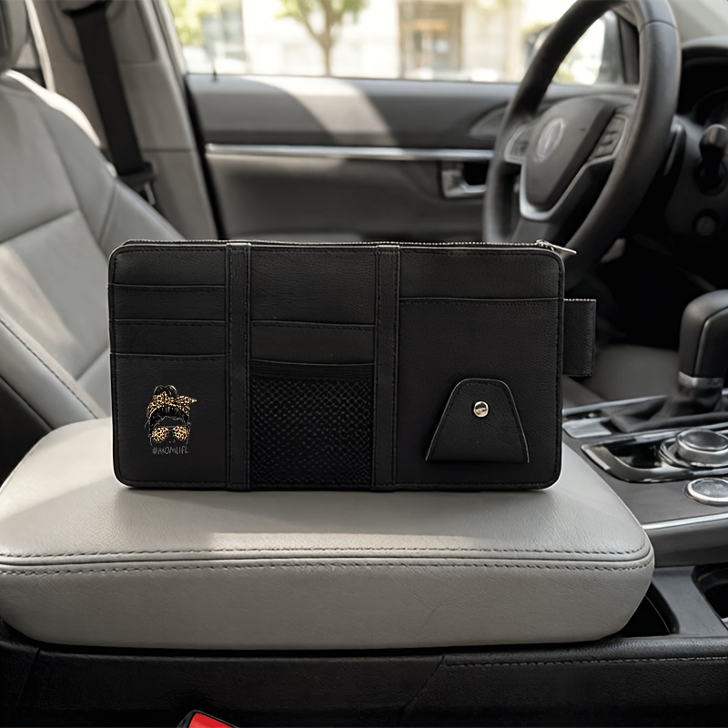TEMU 1 pièce Organisateur de voiture MomLife en cuir PU pour tous véhicules - Porte-pare-soleil multi-poches avec pince à lunettes, support de