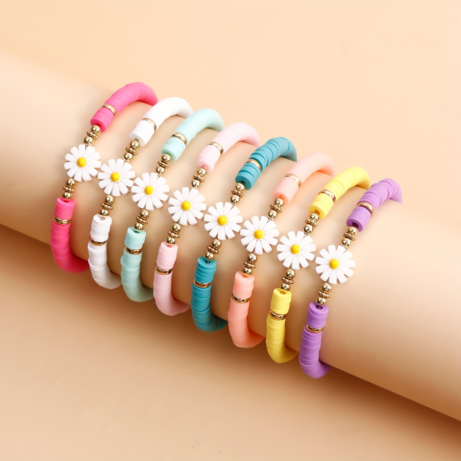 

8pcs/set Multicolor Polymer Clay Braided Bracelets, Daisy Bracelets Set, Stackable Wristbands, Women's Gift, Beach Bracelets Jewelry, Fashion Accessories