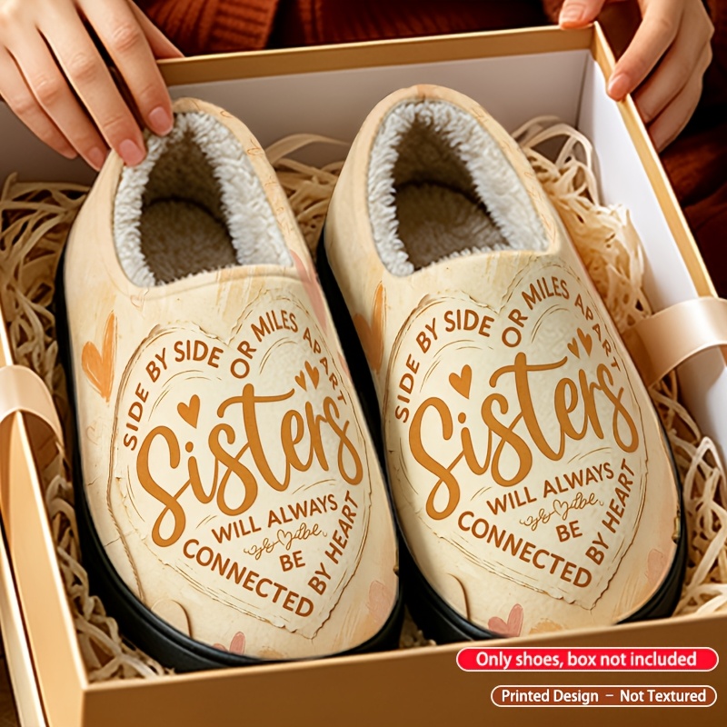 TEMU Women's Home Slippers With Heels, Winter Fleece Thick-soled Indoor Shoes, Love Heart Slogan With Rope And Bell Print, Warm And Cozy