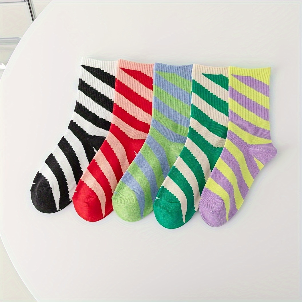 

5 Pairs Of Women's Ins Trendy Socks With Slanted Wide Stripes And Color-matching, And Comfortable Mid-calf Women's Socks